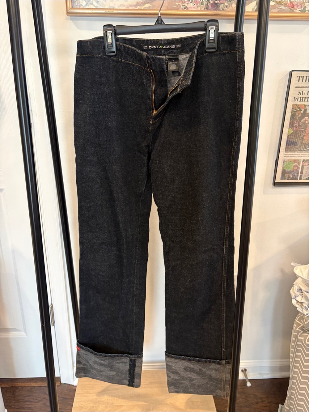 DKNY Black Straight-Leg Jeans with Cuffed Camo Lining